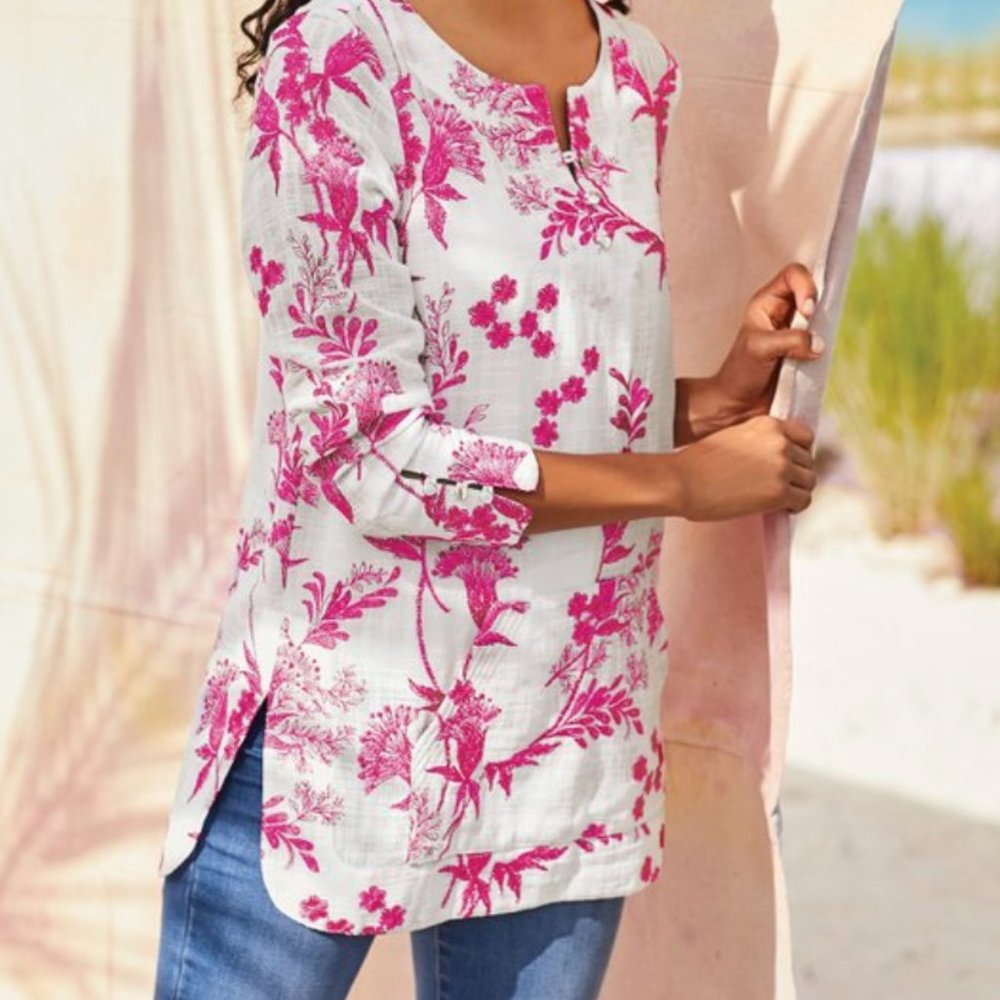 Stunning! Embroidered Floral Henley Tunic Top - White with Vibrant Pink